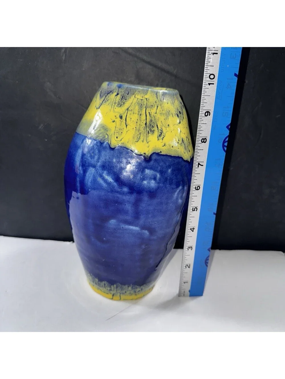Lizzy Adams Signed Studio Pottery Vase Planter Blue Yellow Drip Glaze 10”